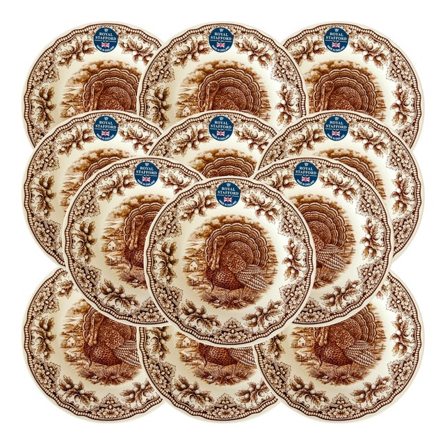 Royal Stafford English Brown Transferware Turkey Thanksgiving Salad Plates - Set of 12 For Sale