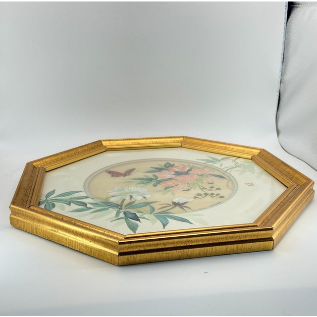 Asian Matched Set of 2 Anton Wang Watercolor on Silk Paintings – Artist Signed and Framed With Chop Mark (Original Vintage Octagon Frames) For Sale - Image 3 of 18
