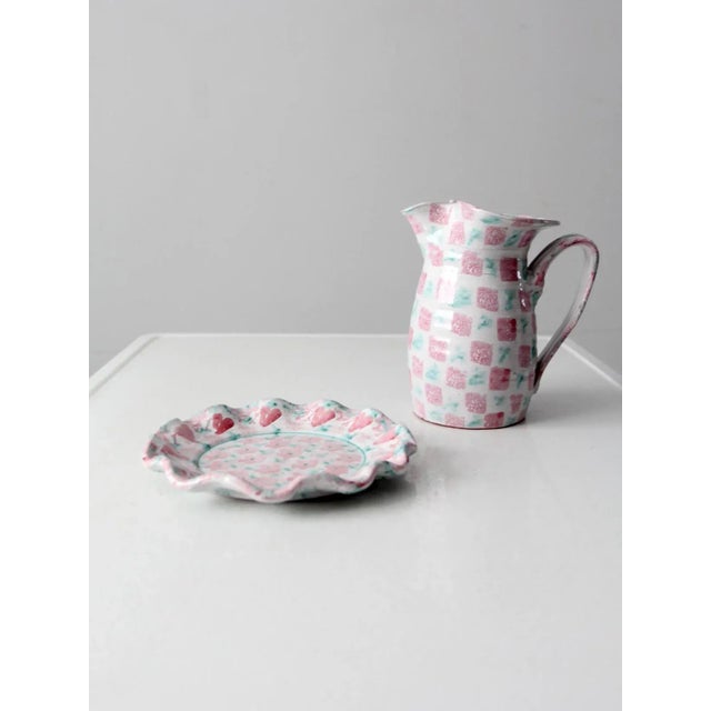 Vintage Heart Pattern Studio Pottery Pitcher and Plate For Sale - Image 9 of 13