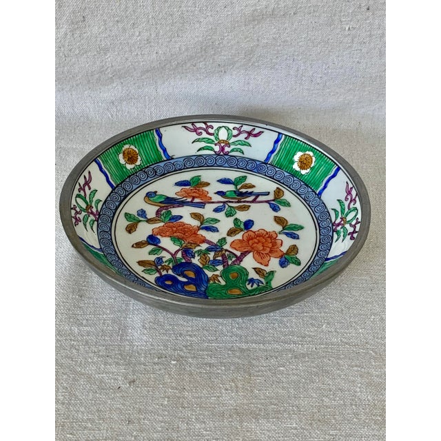 Vintage Pewter Backed Chinoiserie Catchall For Sale - Image 4 of 9