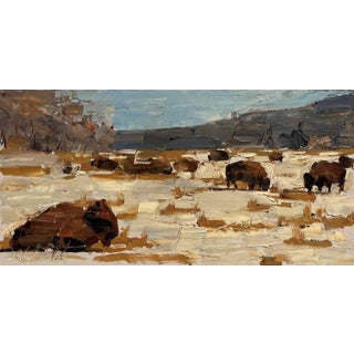 Cold Day by Clyde Steadman | Oil on cradled panel Bison in a snowy landscape For Sale