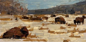 Cold Day by Clyde Steadman | Oil on cradled panel Bison in a snowy landscape