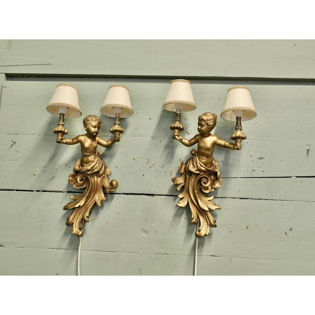 1900 - 1909 Baroque Style Gilt Cherub Wall Lights, 1900, Set of 2 For Sale - Image 5 of 7