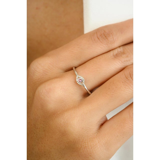 Minimal Pink Tourmaline Evil Eye Ring With Diamonds in 18k White Gold Size 7 For Sale - Image 4 of 10