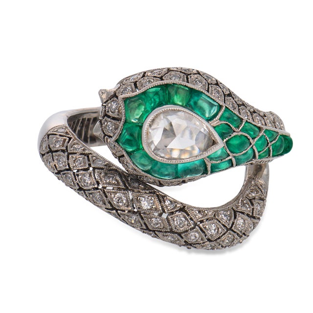 Contemporary Vintage Diamond Emerald Platinum Snake Ring, Size 7 For Sale - Image 3 of 6