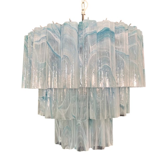 Large Three-Tier Pendant Light with Murano 52 Blue Alabaster Glass Tubes, 1990s For Sale