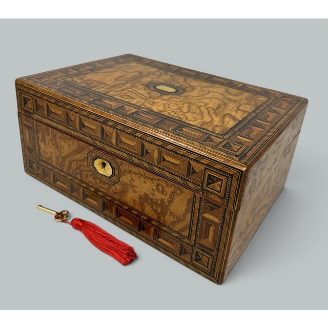 Antique Vintage English Burl Walnut Wooden Marquetry Victorian Jewelry Box 19Ct For Sale - Image 10 of 12