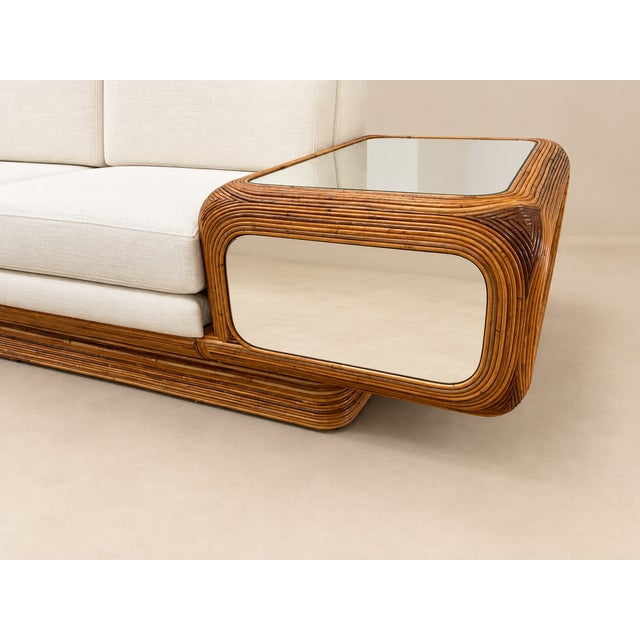 1970s Large Designer Sofa With Floating Side Tables, Split Pencil Reed For Sale - Image 10 of 13