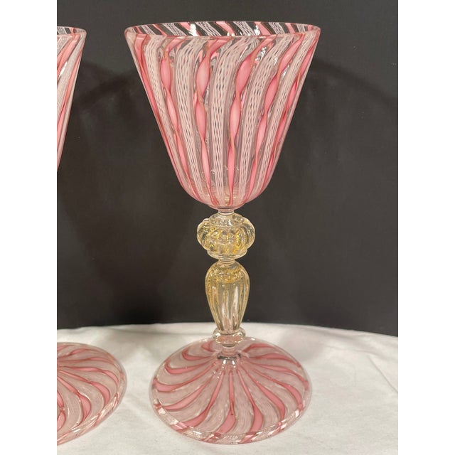 Set of 2 Zanfirico Salviati Murano Style Pink Ribbon Glass Gold Dust Wine Glasses For Sale - Image 4 of 7