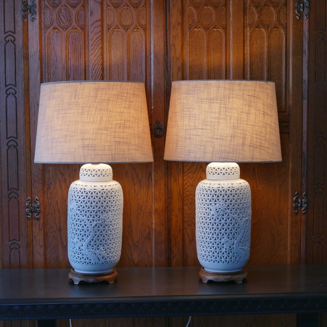 Mid 20th Century Large Chinoiserie Blanc De Chine Table Lamps White Pierced - a Pair For Sale - Image 13 of 14