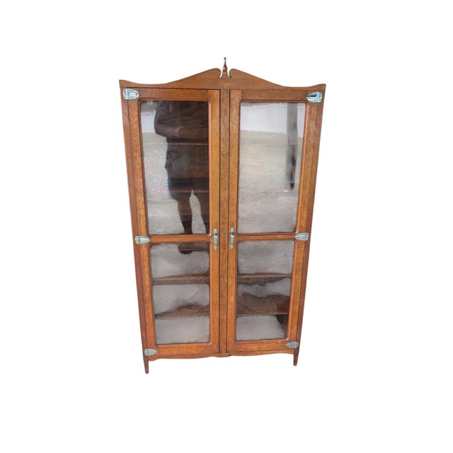 Antique Oak Glass Display Cabinet – Industrial Country Store Vitrine, Bookcase For Sale - Image 4 of 18