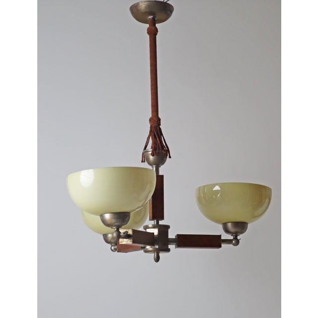 Art Deco 3-Arm Chandelier in Glass, Wood and Chrome, Germany, 1930s For Sale - Image 11 of 18