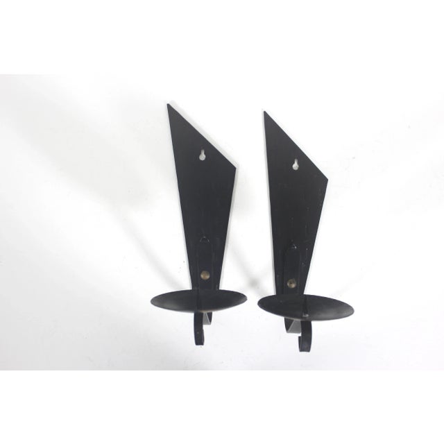 Metal Mid Century Brutalist Hammered Black Candle Holder Wall Sconces Textured Hammered Patina For Sale - Image 7 of 10