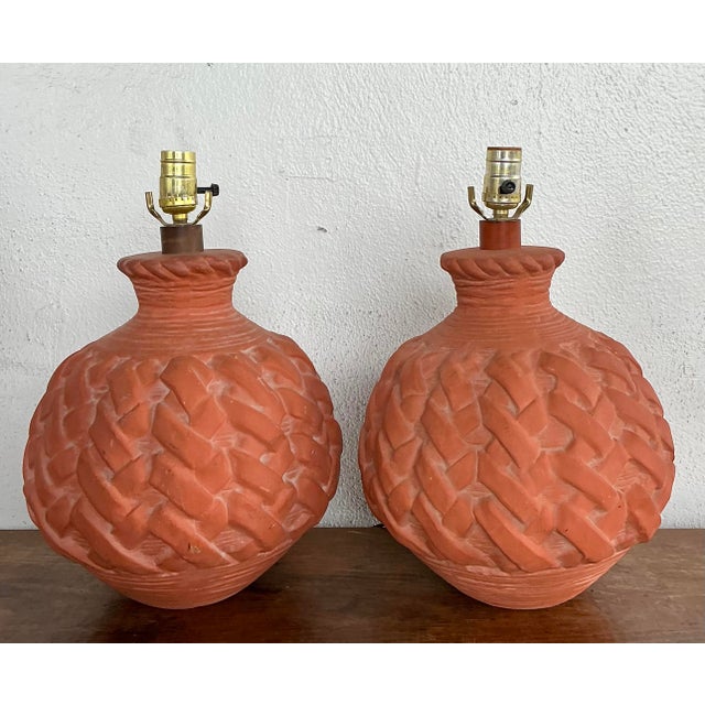 Vintage Terracotta Faux Weave Lamps - A Pair For Sale - Image 4 of 12