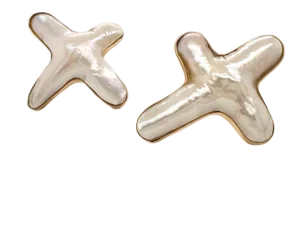 Pair of X-Shaped Pearl Earrings - 18k Yellow Gold W/Mechanism for Drop Omega Back