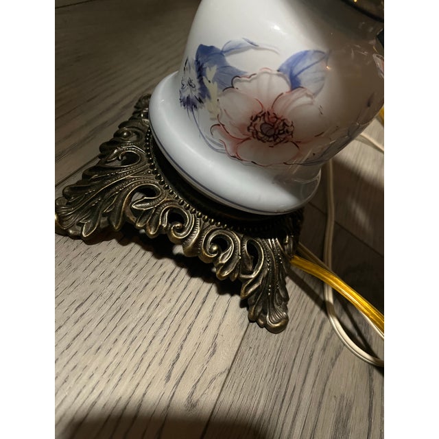 1930s Antique Milk Glass Hurricane Double-Stacked Table Lamp W/ Blue & Pink Hand Painted Florals For Sale - Image 5 of 11