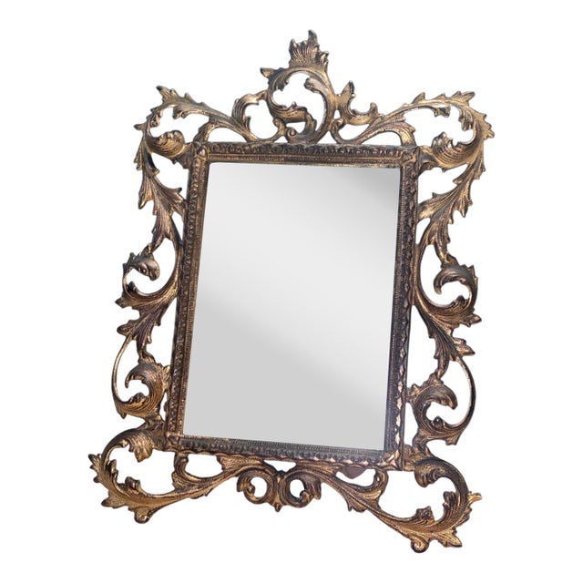 Antique Mirror Glass. Antique Ornate Brass Vanity Mirror With Scrolling Acanthus Leaf Frame. For Sale