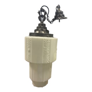 Antique Art Deco Opaline Floral Embossed Milk Glass Pendant Light For Sale