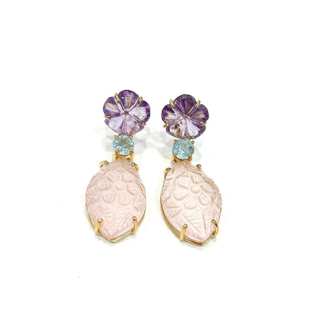 Gemstone Bochic "Capri" Vintage Amethyst & Pink Topaz Pastel Earrings Set 18K Gold & Silver For Sale - Image 7 of 18