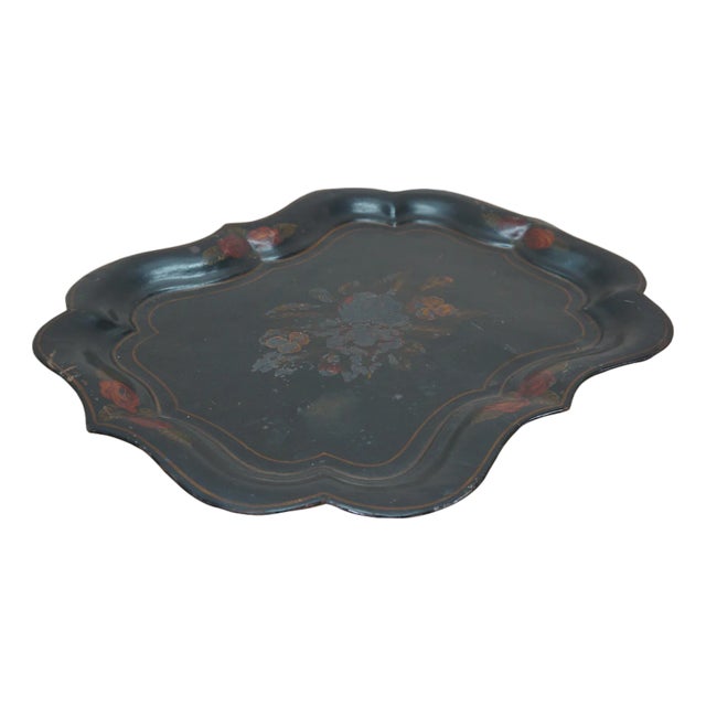 Antique Hand Painted Scaloped Floral Rose Toleware Serving Tray For Sale