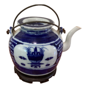Antique Chinese Export Blue & White Porcelain Teapot W/Wire Bail Handles Qing Dynasty Stamped on Wood Base