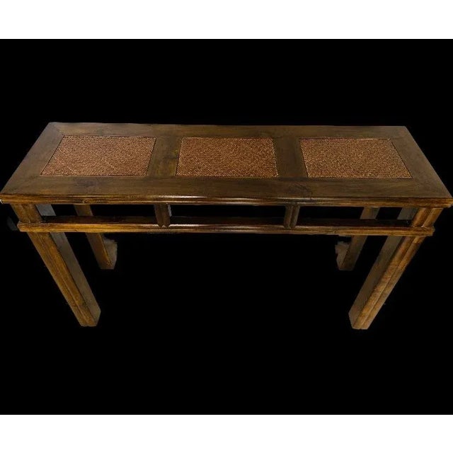 Chinoiserie Early 20th Century Elmwood Console Table With Woven Top Inset Ralph Lauren Style For Sale - Image 3 of 8