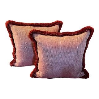 Custom Red & White Woven Chevron Pillows With Passementerie Fringe Trim - A Pair For Sale