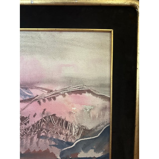 Mid-Century Abstracted Watercolor &amp; Wax-Resist Mountain Landscape by Mina Tabuena. An evocative mid-century modern...