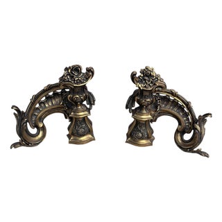 Antique French Rococo Revival Bronze Chenets Andirons – Pair For Sale