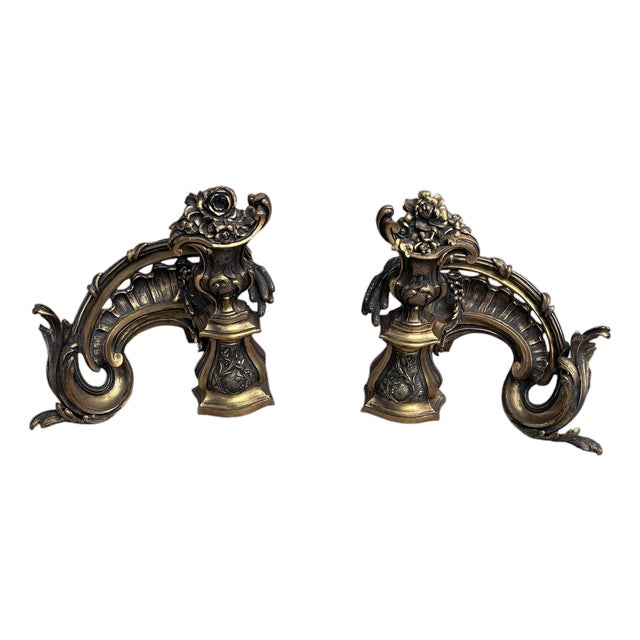 Antique French Rococo Revival Bronze Chenets Andirons – Pair For Sale