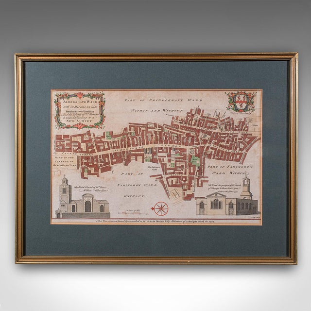 This is an antique London street map. An English, framed and hand-coloured map showing the ward of Aldersgate, dating to...