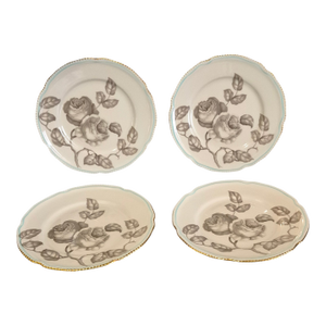 Mid 20th Century Set of Four Dessert Plates Castleton Gloria Porcelain Taupe Roses Blue Band 22Kt Gold Trim