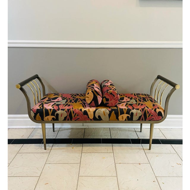 Art Deco Vintage Dia Brass & Upholstered Waterfall Bench – Art Deco Revival / Postmodern, 1980s For Sale - Image 3 of 10