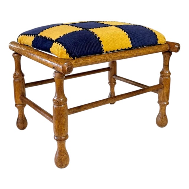 Antique French Provincial Walnut Footstool With Hand-Turned Legs & Blue/Yellow Patchwork Cushion For Sale