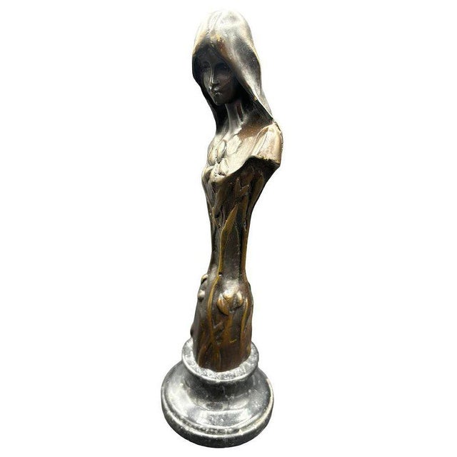 Early 20th Century Emmanuel Villanis Style Art Nouveau French Virgin Mary Sculpture With Marble Base For Sale - Image 4 of 8
