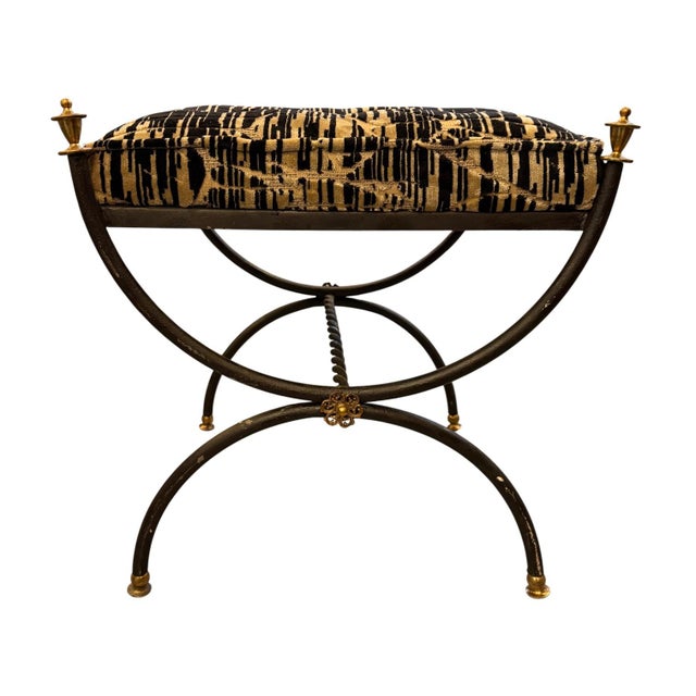 Neoclassical Upholstered Curule Bench For Sale - Image 3 of 6