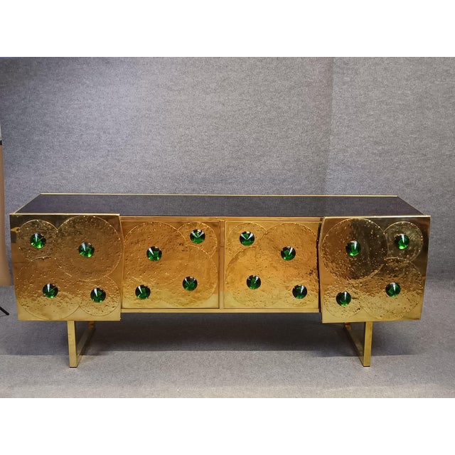 Italian Brass and Black Glass Sideboard with 24 Green Murano Glass Jewels from Justfurnituress SRL For Sale - Image 11 of 11