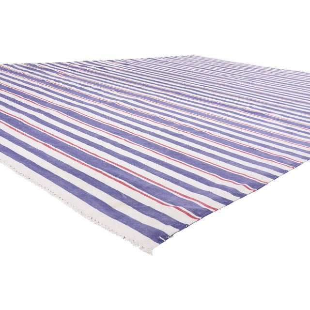 79616 Vintage Indian Dhurrie Rug, 09'11 x 13'09. The Riviera Line: A Vintage Dhurrie Masterpiece of Coastal Modern...