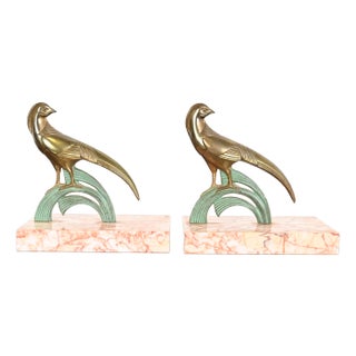 Art Deco Bronze and Marble Pheasant Bookends, Pair For Sale