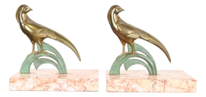 Art Deco Bronze and Marble Pheasant Bookends, Pair