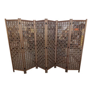 1960s Mid-Century Modern Six Panel Teak Folding Screen With Lattice Design For Sale
