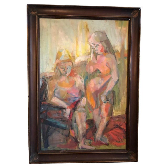 Large Picasso Style Mid-Century Modern Oil on Board of Women For Sale - Image 13 of 13