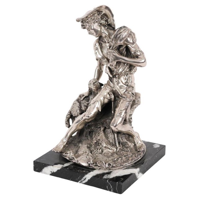 Antique Italian Silvered Bronze Sculpture of Shepherd and Lamb, 1800s For Sale - Image 15 of 15