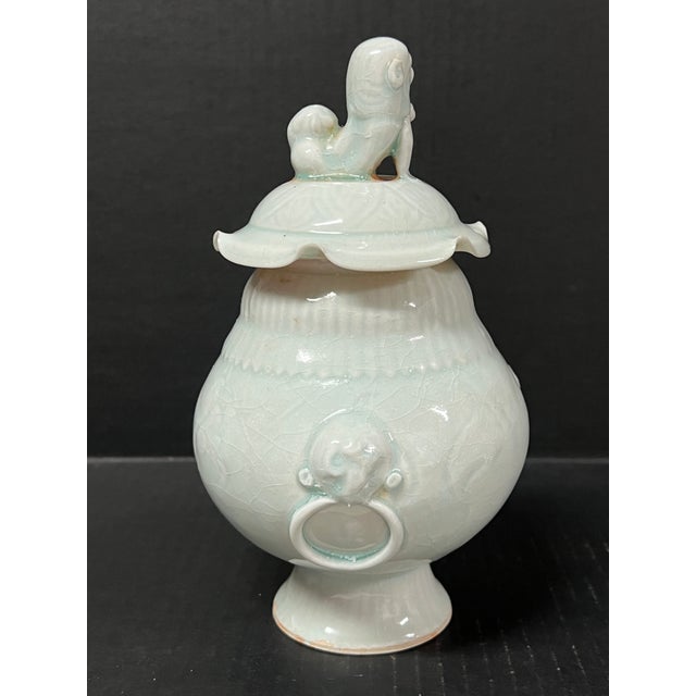 Late 20th Century Chinese Art Light Celadon Porcelain Covered Jar For Sale - Image 4 of 11