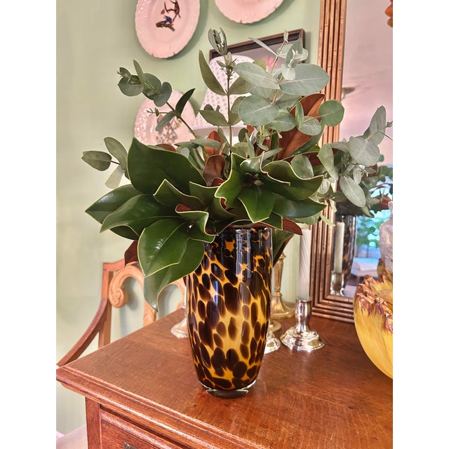 Early 21st Century Tortoise Shell or Leopard Layered Glass 12” Vases - A Pair For Sale - Image 4 of 7