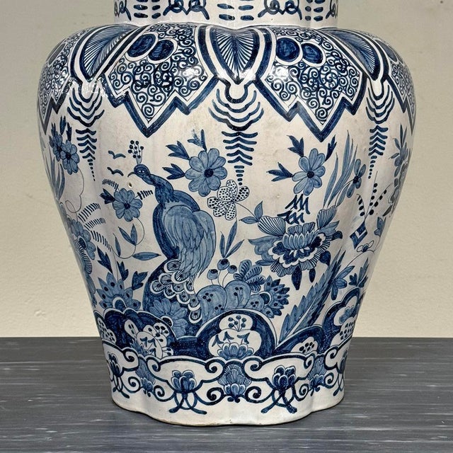 Ink Blue Pair of 19th Century Hand Painted Dutch Blue & White Delft Covered Vases ~ Urns For Sale - Image 8 of 18