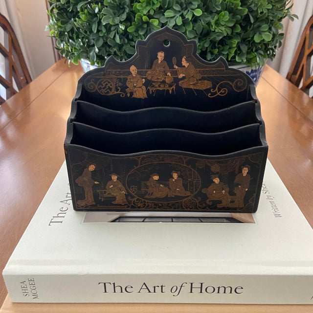 Lovely Victorian era black laquered chinoiserie letter caddy, probably originating from England in the late 1800’s or...