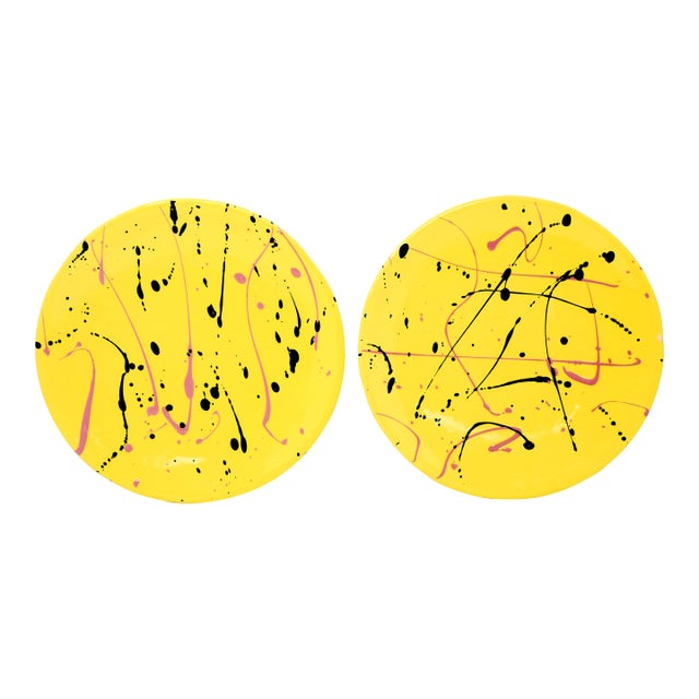Vintage 1980's Postmodern Yellow Splatter Dinner Plates - a Pair For Sale