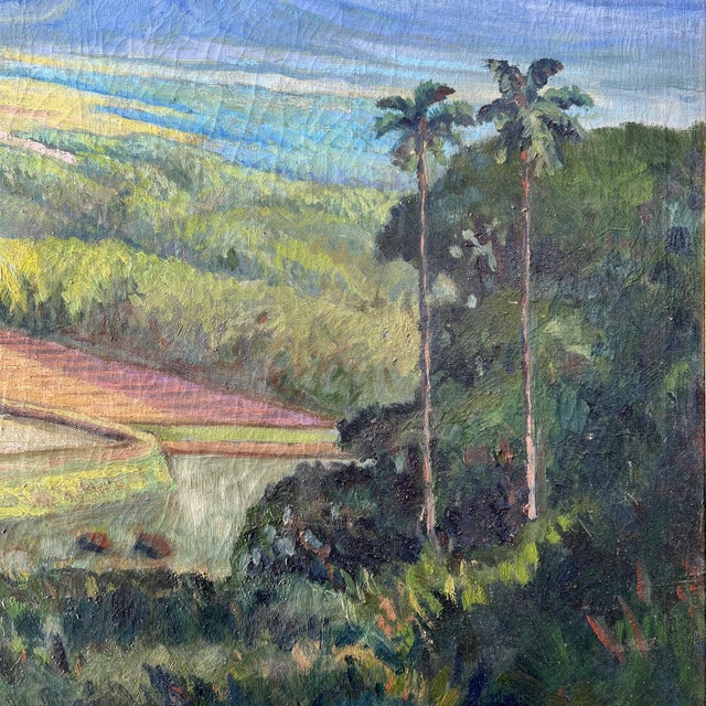 1930's Tropical Landscape Oil on Canvas in Original Frame "Rice Fields on Bali" For Sale - Image 6 of 9