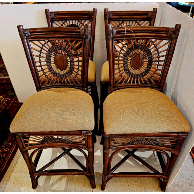 Contemporary Bamboo Rattan & Upholstered Vintage Counter Stools With Backs -Set of 4 For Sale - Image 3 of 12